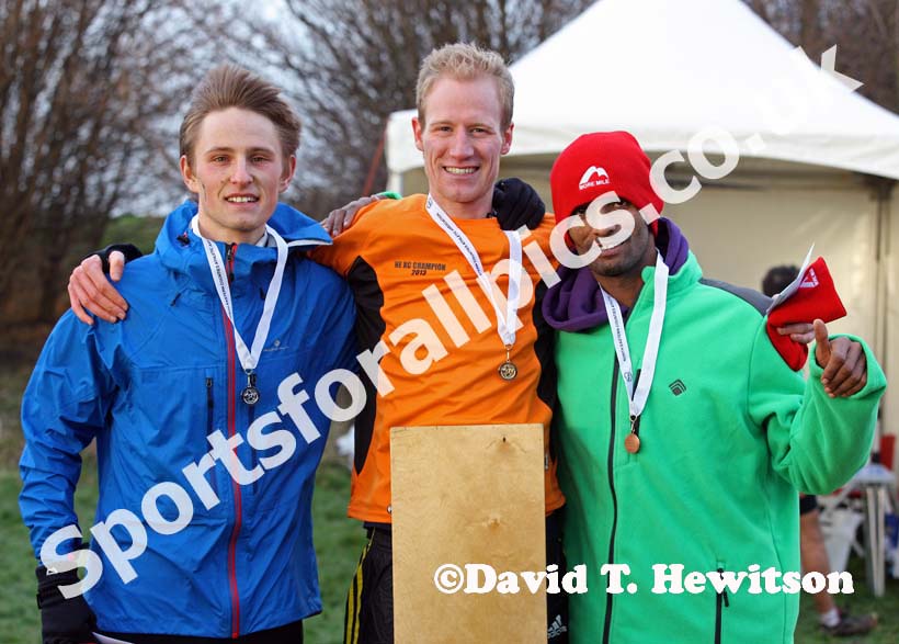 From left to right: 2nd Jack Martin (Stockport), winner Dan Garbutt (Durham City)  and Yared Hagos (Wallsend) 3rd in the senior mens North Eastern Cross Country, Champs., Temple Park, South Shields. Photo: David T. Hewitson/Sports for All Pics